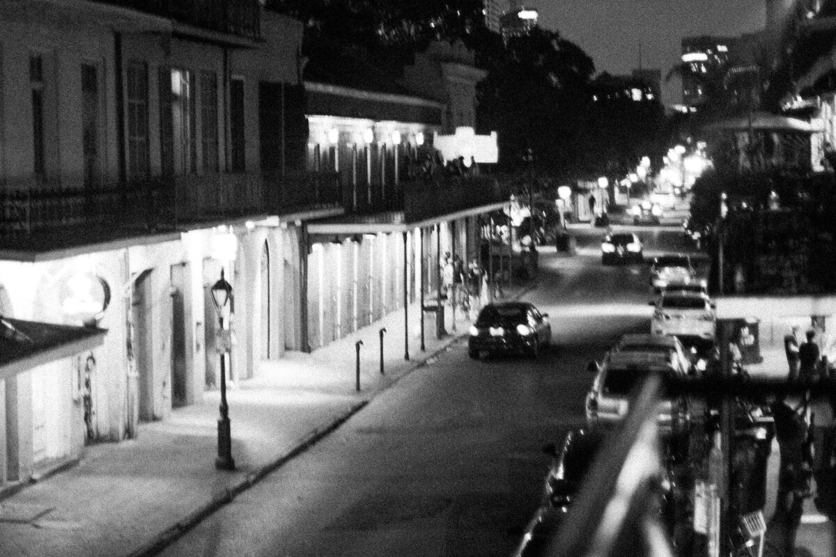 quiet, late-night scene on Bourbon Street in the French Quarter of New Orleans